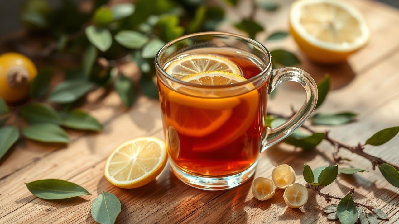 Tasse de tisane fumante avec tranches de gingembre et de citron, entourée de feuilles de citronnier et de racines de gingembre, illustrant les bienfaits du gingembre citron sur une table en bois naturelle, sous une douce lumière chaude.