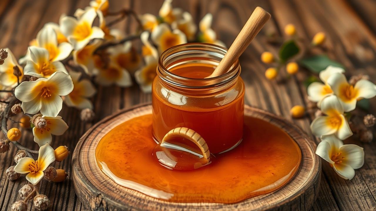 Pot de miel de manuka 15+ sur une table en bois rustique, entouré de fleurs de manuka et d'une cuillère en bois, illustrant les bienfaits du miel de manuka 15.