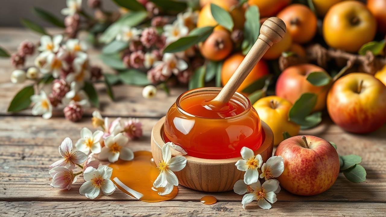 Cuillère en bois remplie de miel doré sur une table rustique, entourée de fleurs d'acacia et de châtaignier, avec un flou de fruits frais, représentant une option de miel pour le diabète.
