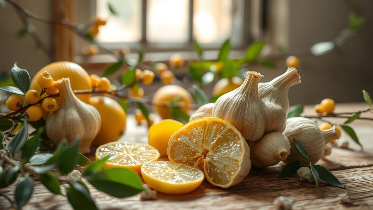 Shot de gingembre frais présenté sur une table en bois, entouré de racines de gingembre, de miel et de citron, avec une lumière douce filtrant à travers une fenêtre, illustrant les bienfaits du gingembre.